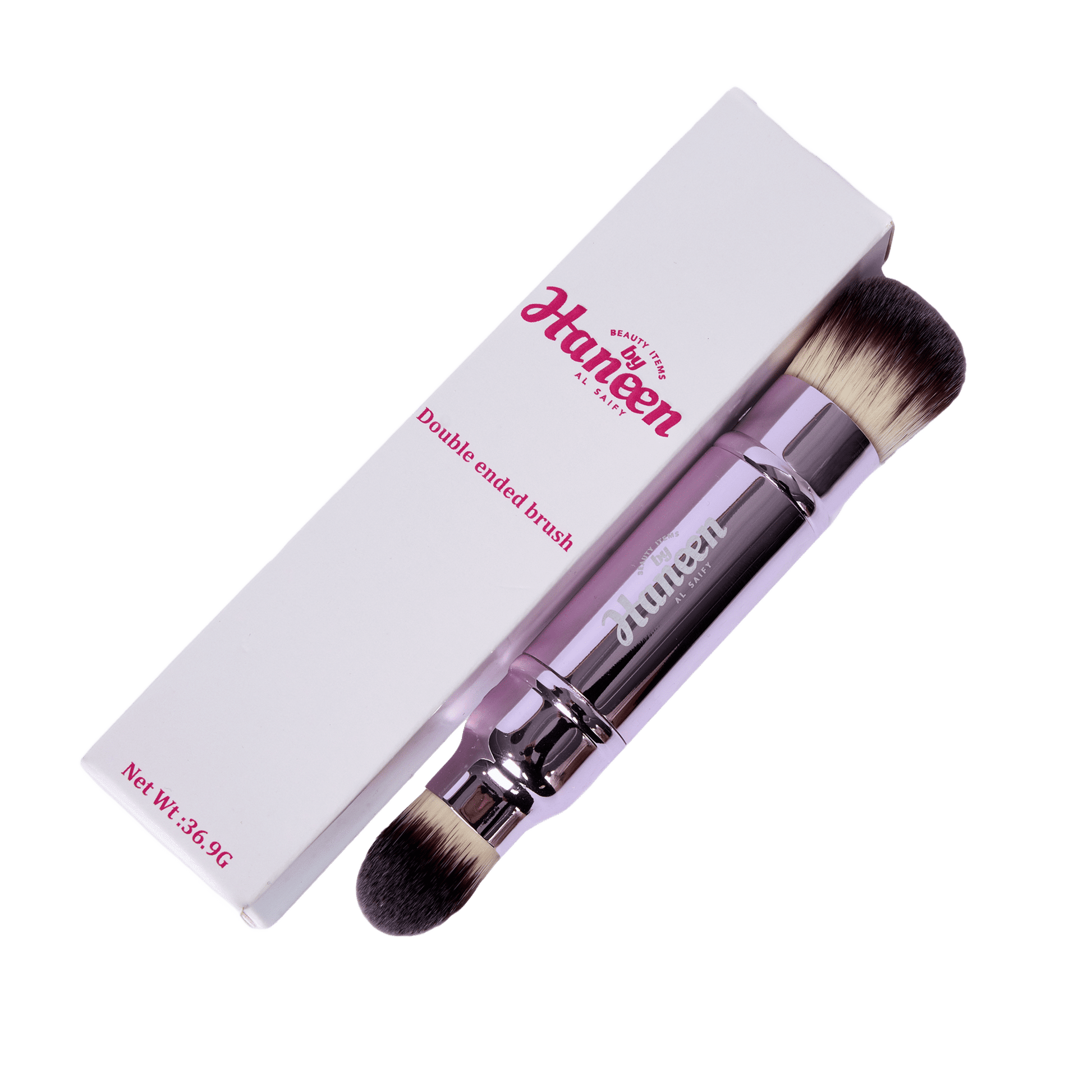 Double-ended makeup brush with packaging featuring 'Haneen' brand on a white background