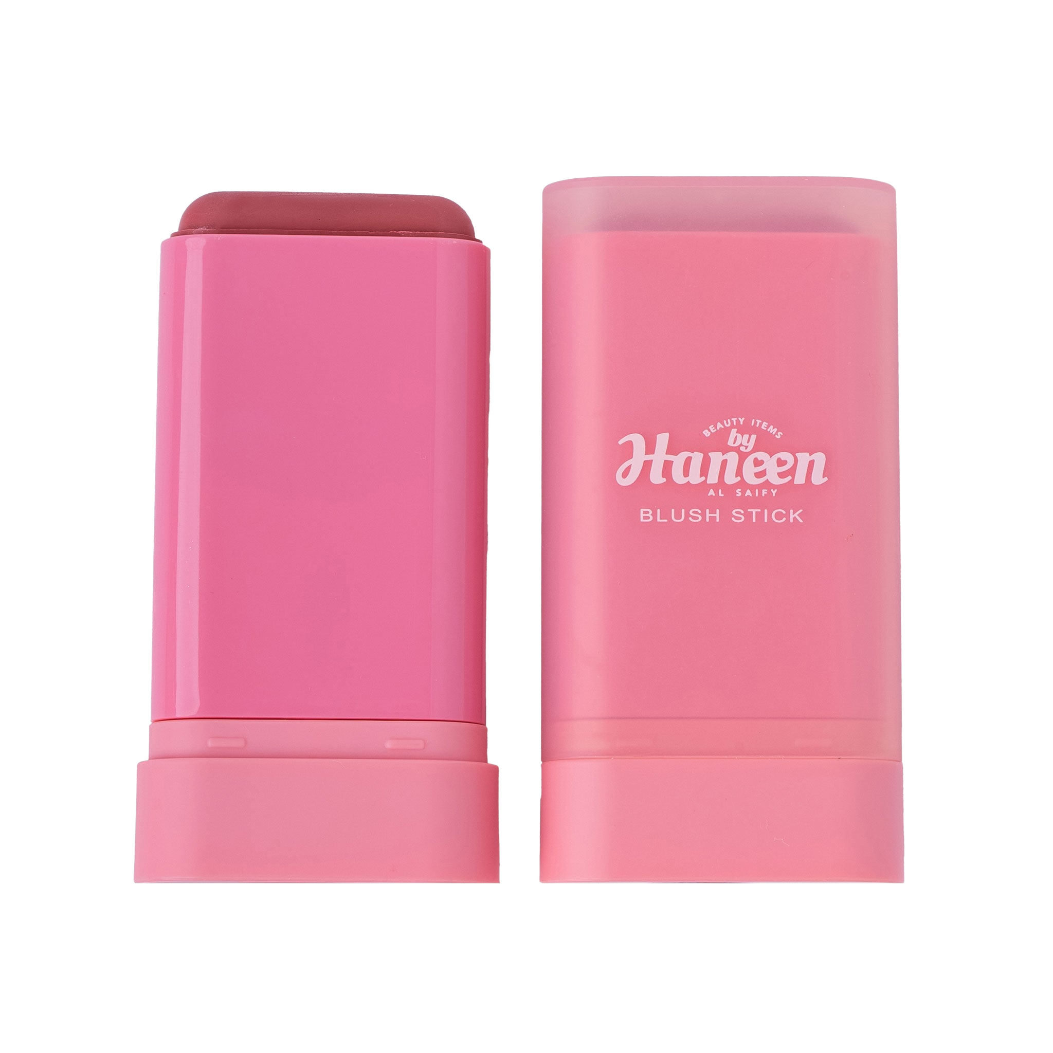 Pink blush stick with packaging on a white background