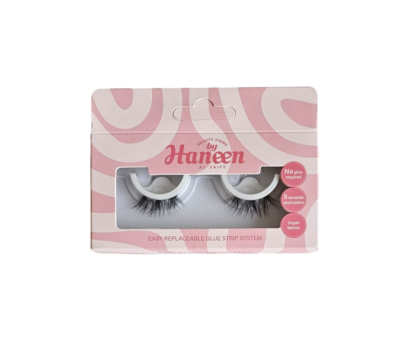 Eyelash packaging with pink and white design on a white background