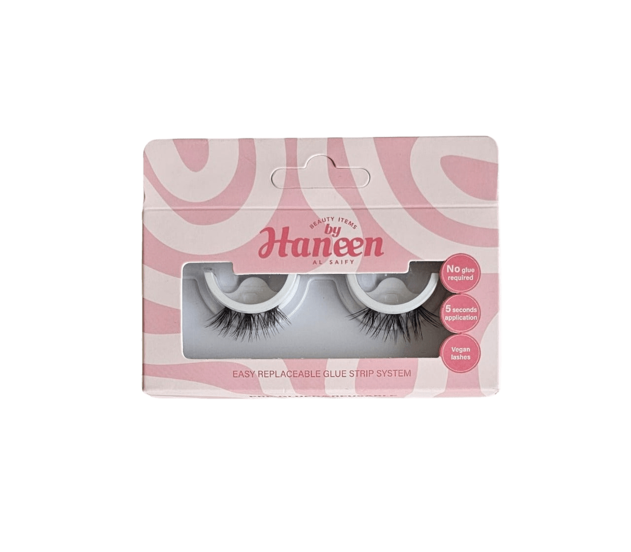 Eyelash packaging with pink and white design on a white background