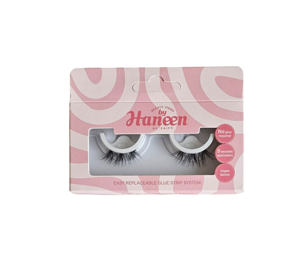 Eyelash packaging with pink and white design on a white background