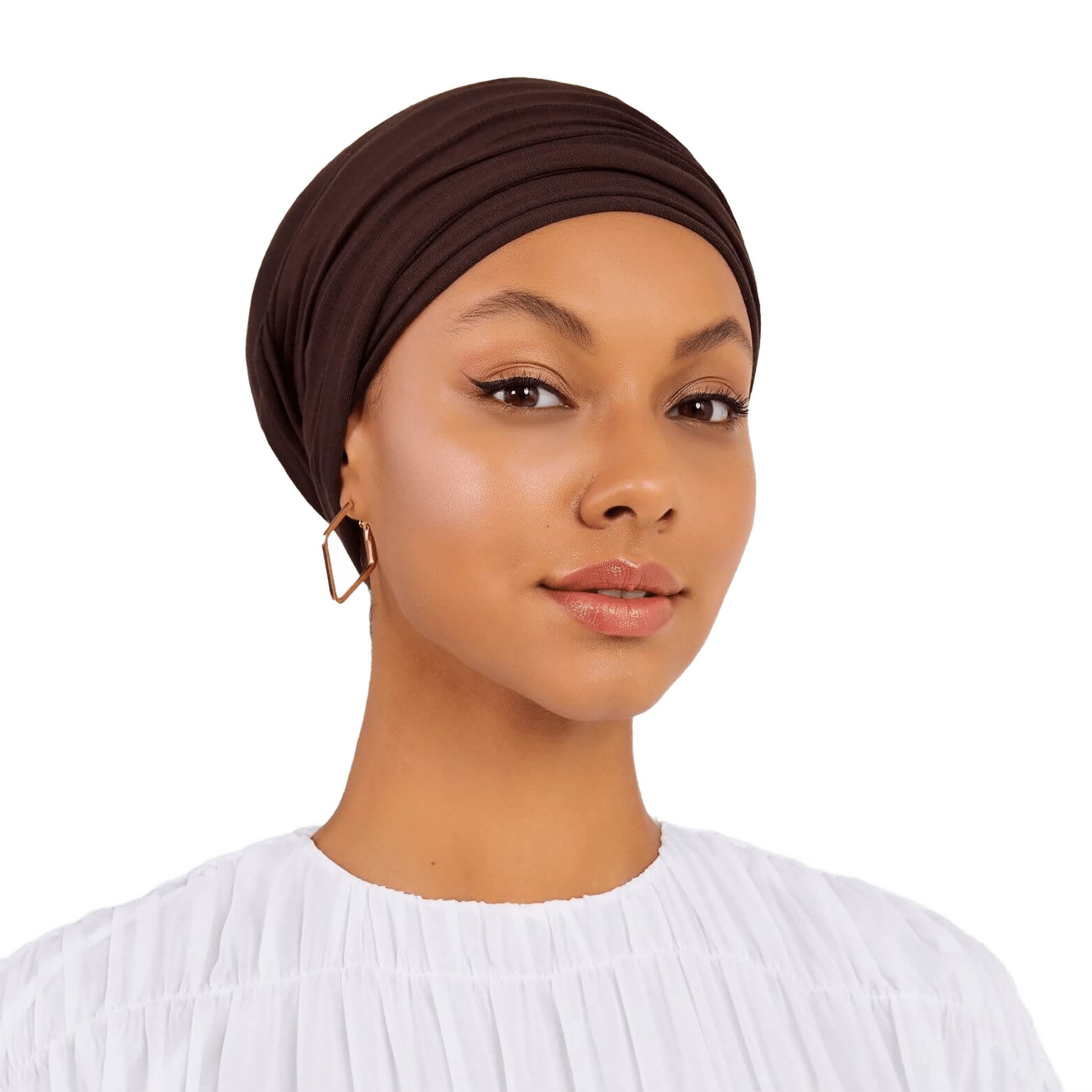 Woman wearing a brown headscarf on a white background