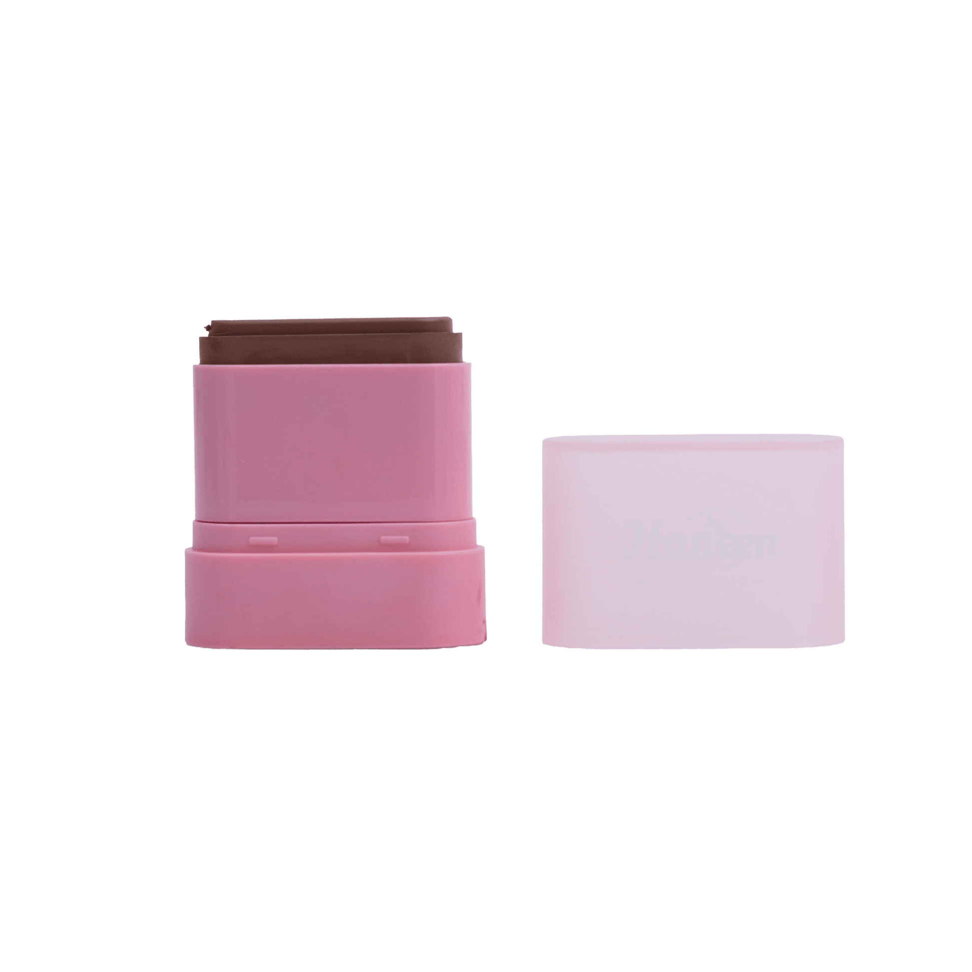 Pink cosmetic stick with brown top on a white background
