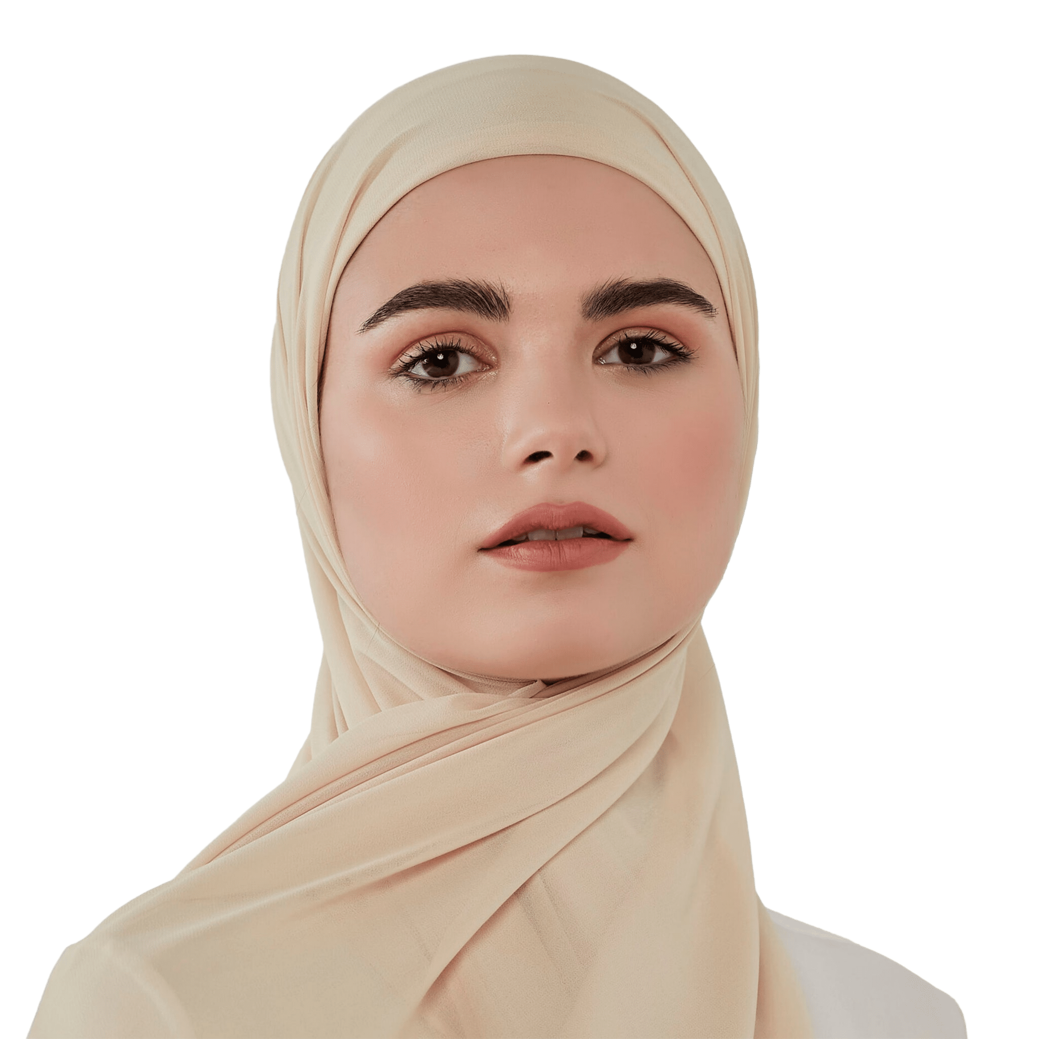 Woman wearing a beige hijab against a white background